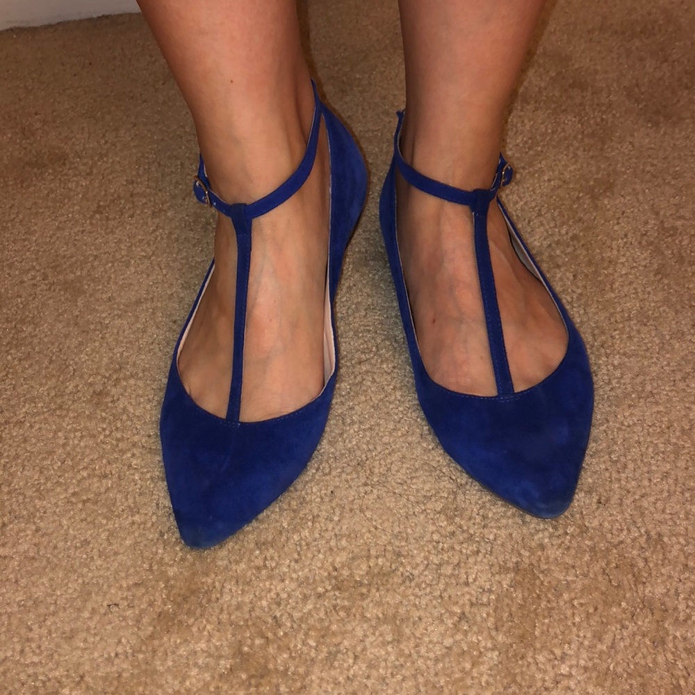 Blue Suede T-Strap pointy toe Flats